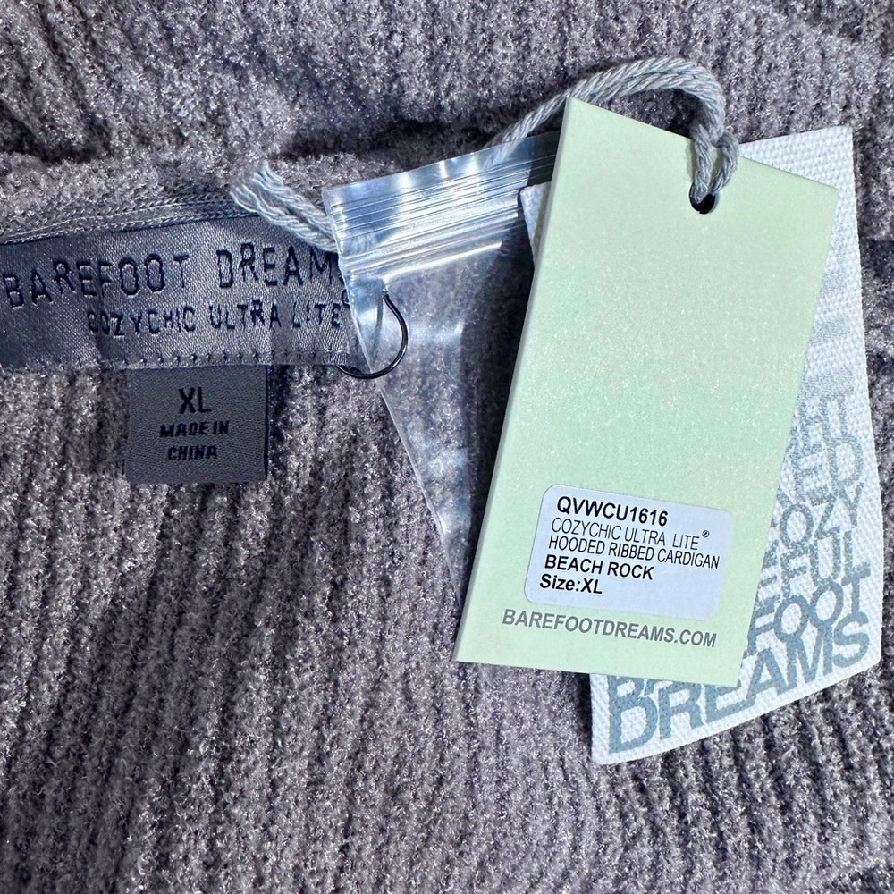 Barefoot Dreams CozyChic Ultra Lite Hooded Ribbed Cardigan Beach Rock NWT [8002] - Picture 5 of 6